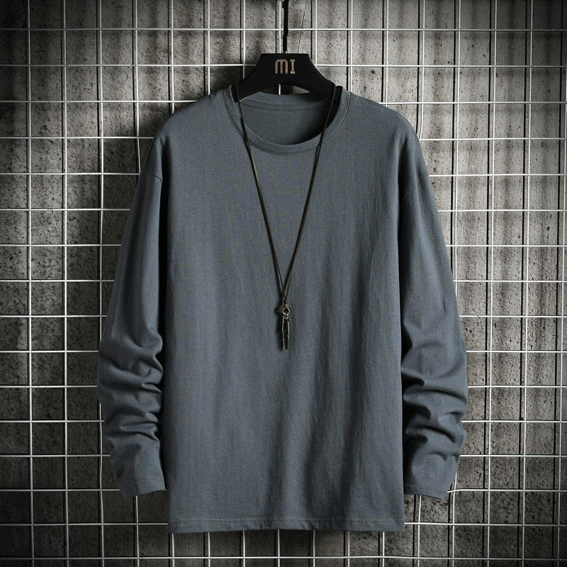 Men's Solid Color Classic Long Sleeve T-Shirt Casual Cotton Tops  Neck Pullover Tee Men Clothing