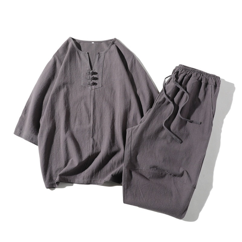 Japanese Style Kimono Short-Sleeved T-shirt Pants Two Piece Men Tops Trousers Suits Male Japan Harajuku Yukata Cardigan Costume