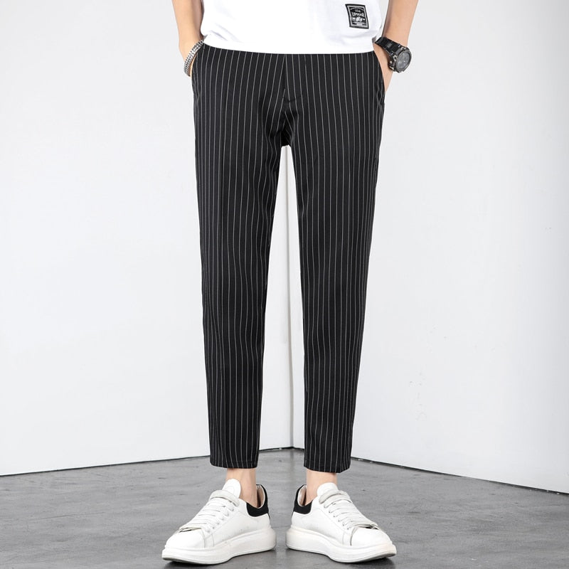 Summer Business Stripe Suit Pants Men Thin Formal Slim Fit Classic Work Ankle Length Straight Blue Trousers Brand Clothing 38