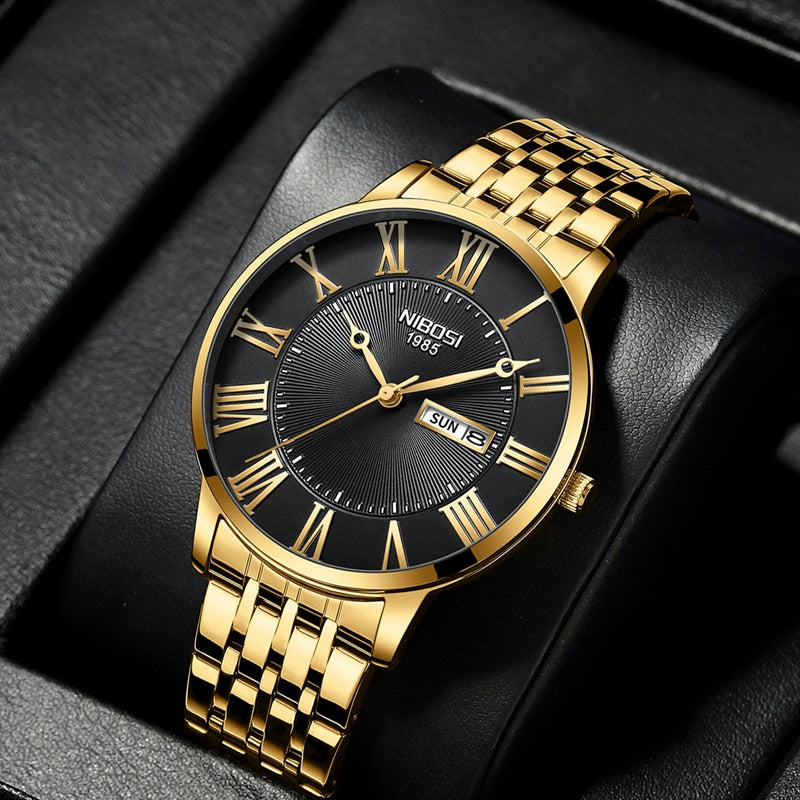 NIBOSI Fashion Simple Men Watch Slim Steel Week Date Waterproof Gold Watch For Men Quartz Business Watch Clock Relogio Masculino