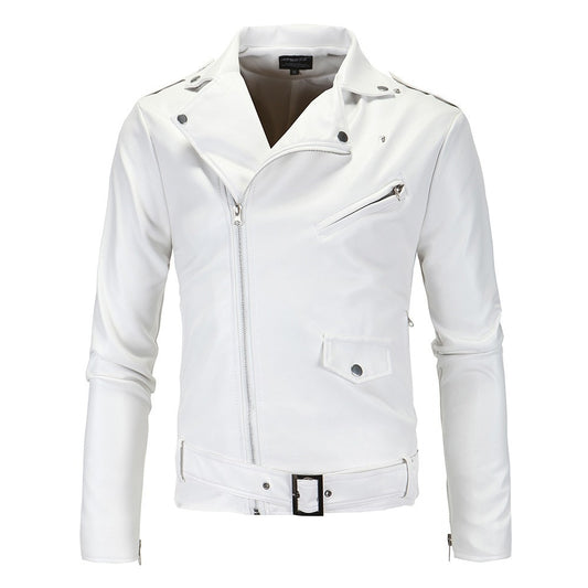 Mens Leather Jackets 2022 New White Black Casual Lapel Slim Fit Diagonal Zipper Motorcycle PU Leather Jacket Coat Mens Clothing