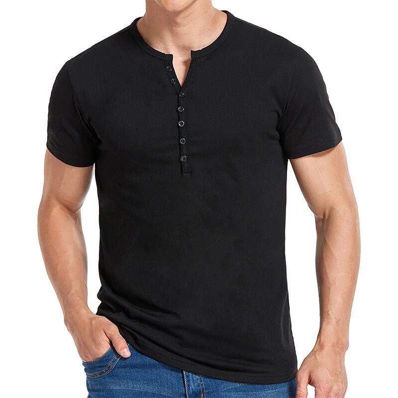 New Harajuku Cotton Henley Shirt for Men Solid Button Short Sleeve T-shirt Loose Casual Tops Men Free Shipping Male Clothing