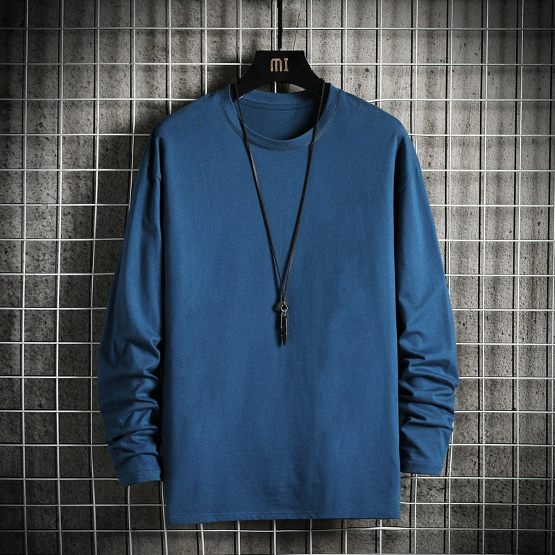 Men's Solid Color Classic Long Sleeve T-Shirt Casual Cotton Tops  Neck Pullover Tee Men Clothing