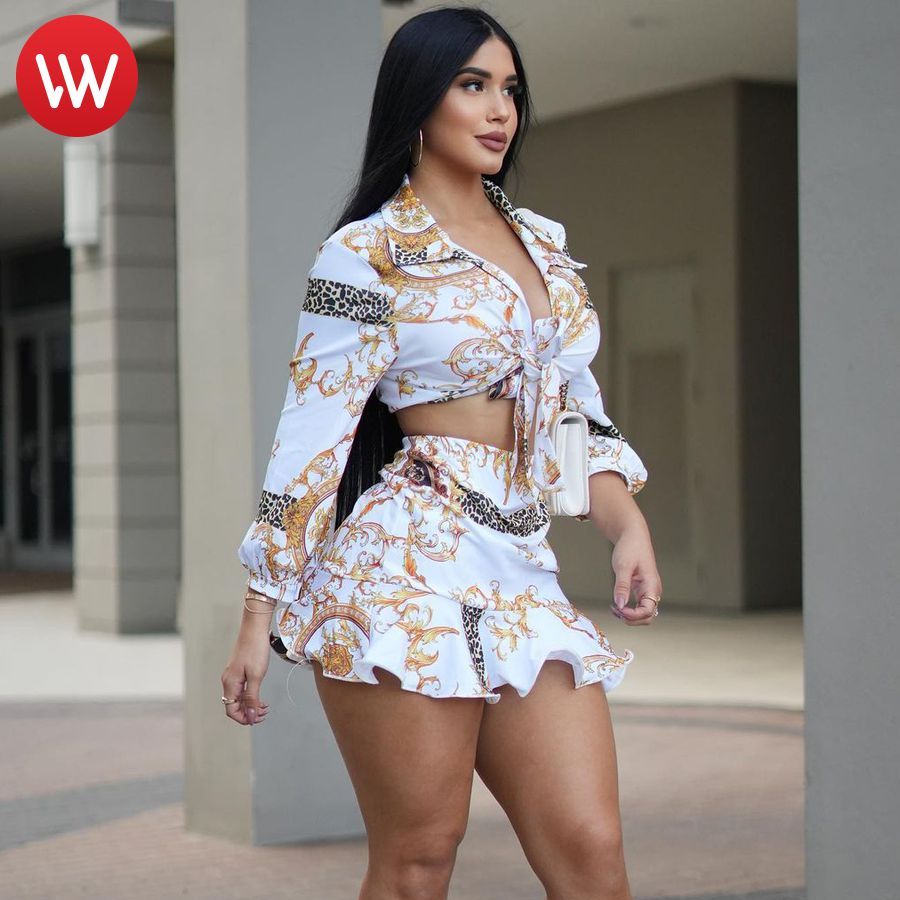 LW Sexy Two Piece Floral Leopard Print Ruffle Design Skirt Set Three Quarter Sleeve Tribal Turndown Collar Tie Front Lady Outfit