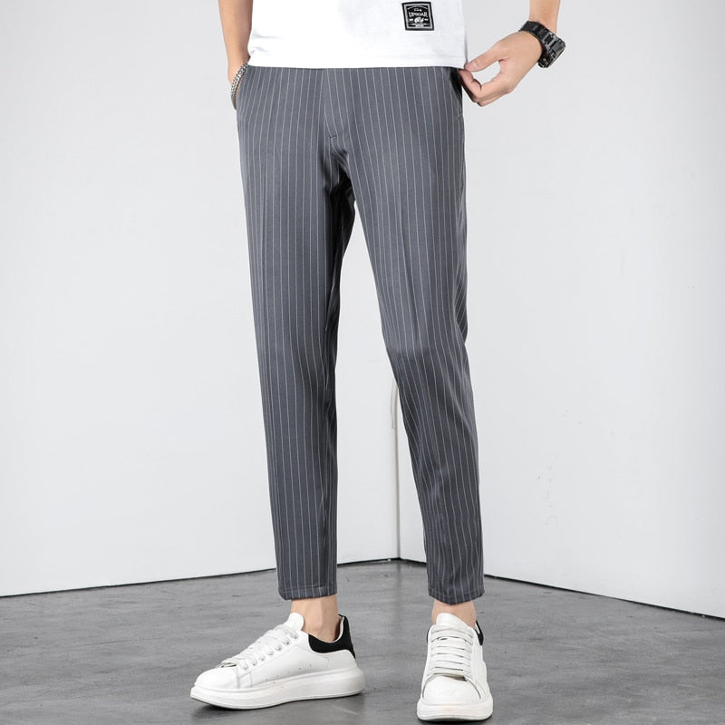 Summer Business Stripe Suit Pants Men Thin Formal Slim Fit Classic Work Ankle Length Straight Blue Trousers Brand Clothing 38