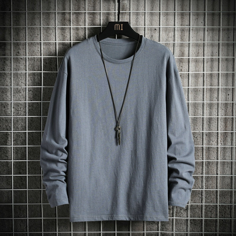 Men's Solid Color Classic Long Sleeve T-Shirt Casual Cotton Tops  Neck Pullover Tee Men Clothing