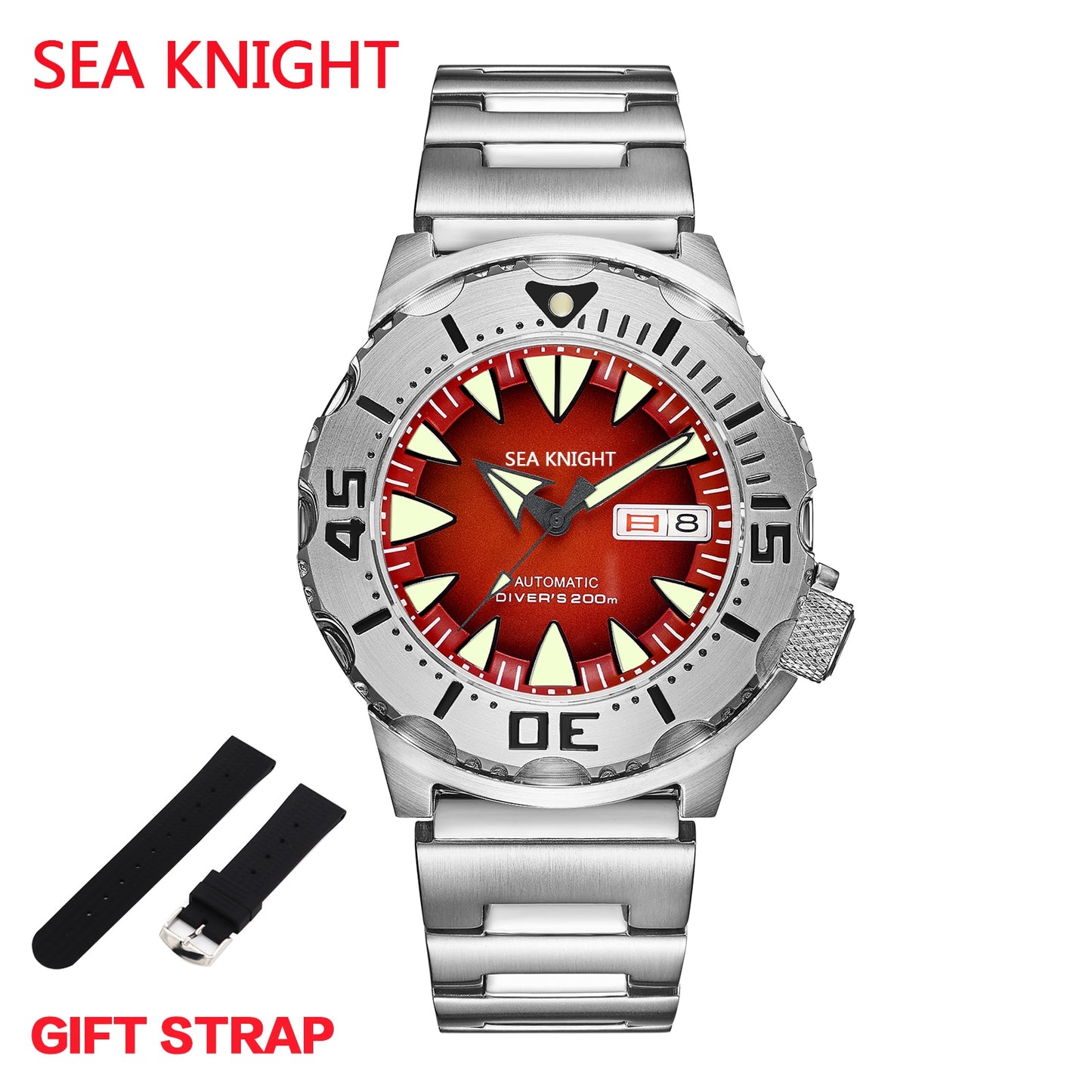 Sea knight Monster Automatic Watch Men NH36A Men's Mechanical Watches Sapphire Vintage Red Dial Green Luminous 200M Diver Watch