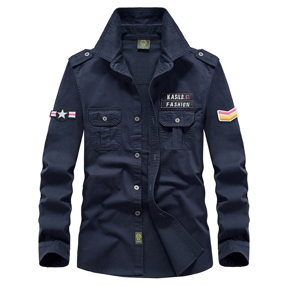 Military Shirt Men's Shirts Casual Style Clothing Cotton Long Sleeve Retro Vintage 6XL Embroidery Plus Size White Drop Shipping