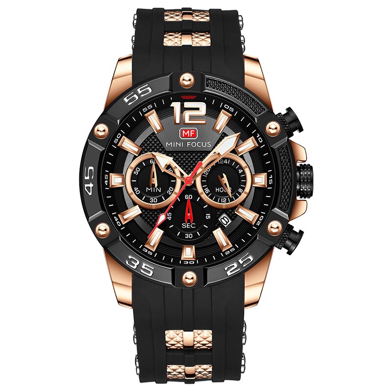 MINI FOCUS Orange Watch for Men Military Sport Chronograph Quartz Wristwatch with Silicone Strap Waterproof Luminous Hands 0349