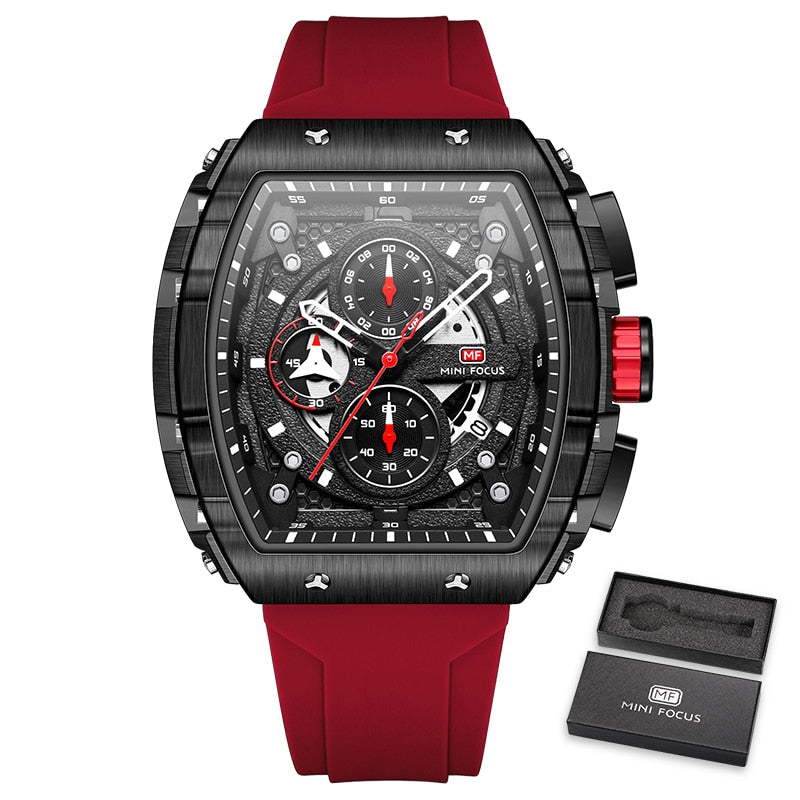 MINI FOCUS Chronograph Quartz Watch for Men Tonneau Dial Military Sport Wristwatch with Orange Silicone Strap Auto Date 0399