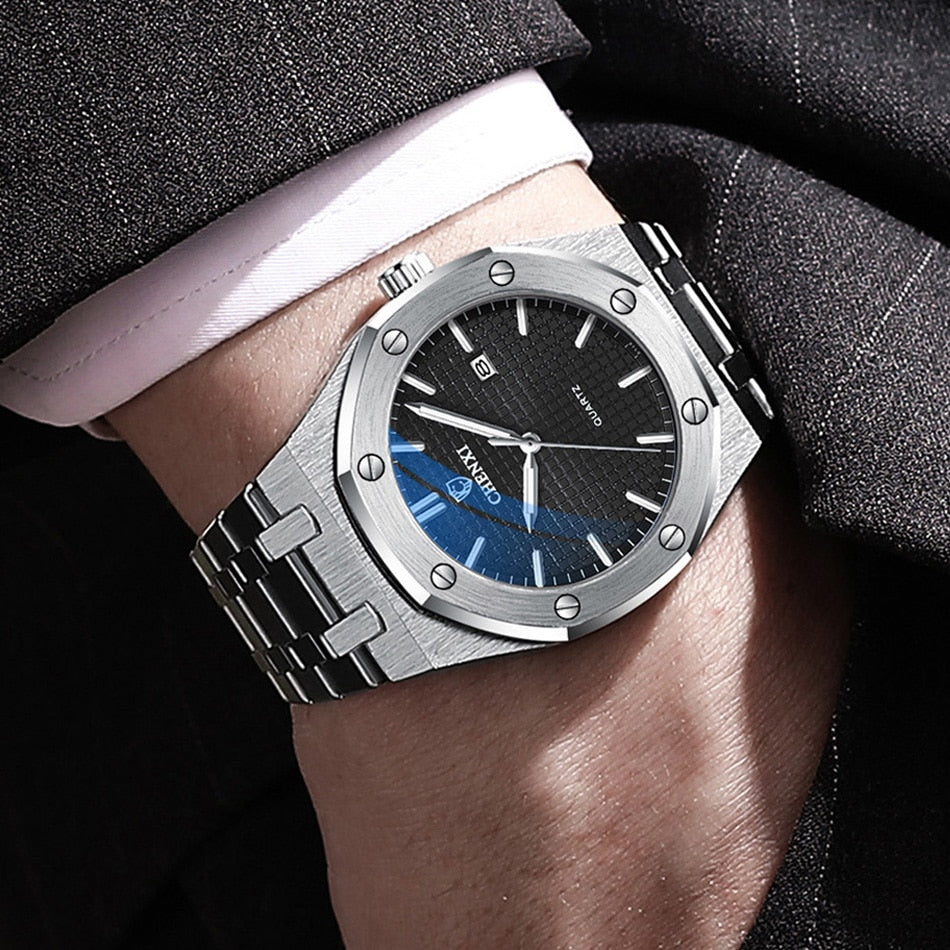 Royal Fashion Casual Men Watches Big Dial Silver Stainless Steel Calendar Quartz Wristwatch Classic Top Brand CHENXI Male Clock