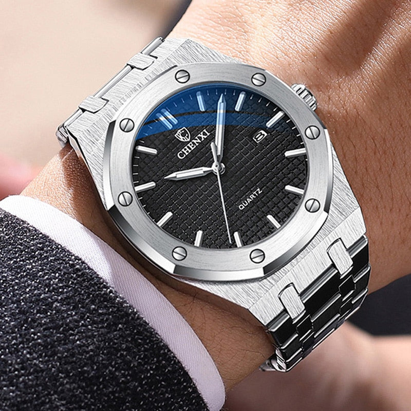 Royal Fashion Casual Men Watches Big Dial Silver Stainless Steel Calendar Quartz Wristwatch Classic Top Brand CHENXI Male Clock