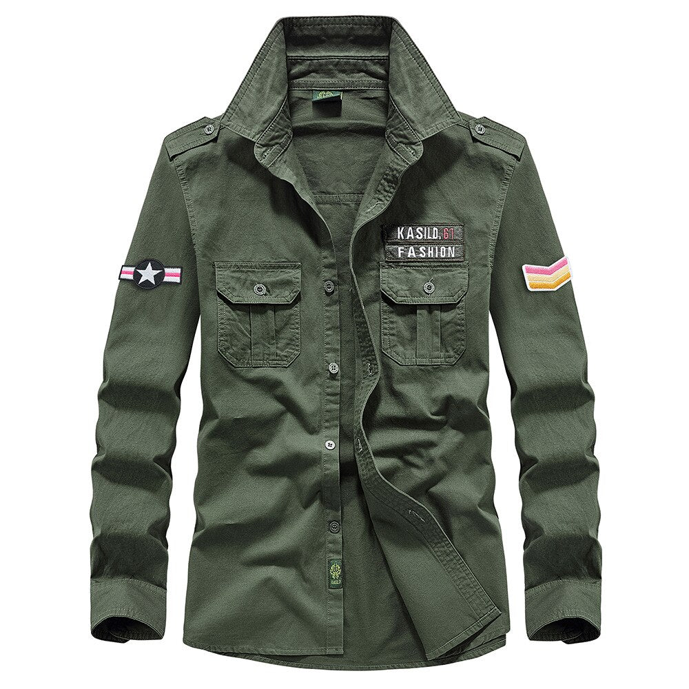 Military Shirt Men's Shirts Casual Style Clothing Cotton Long Sleeve Retro Vintage 6XL Embroidery Plus Size White Drop Shipping