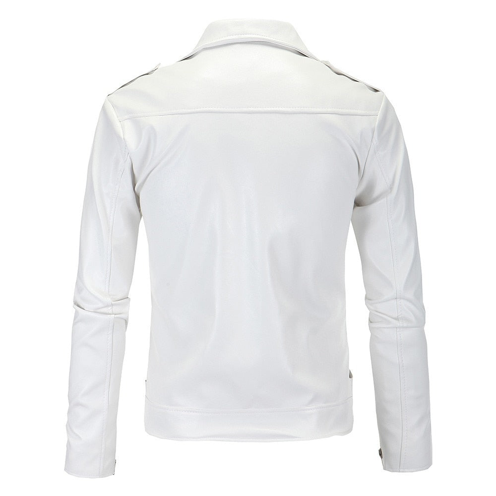 Mens Leather Jackets 2022 New White Black Casual Lapel Slim Fit Diagonal Zipper Motorcycle PU Leather Jacket Coat Mens Clothing
