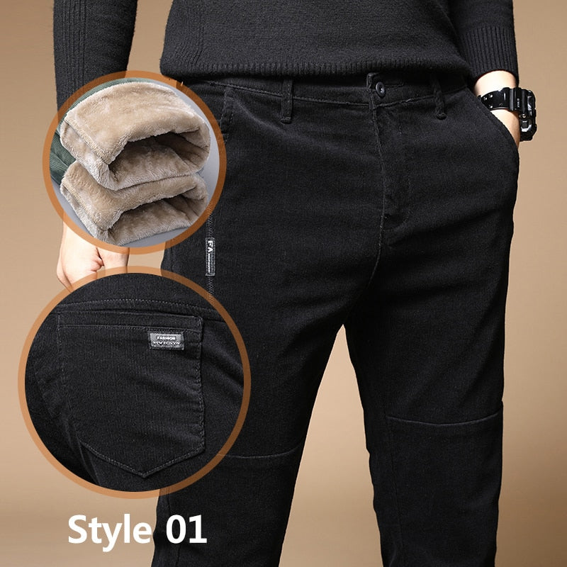 Winter Fleece Warm Corduroy Pants Men Stretch Thick Elastic Waist Fluff Pant Korean Classic Brown Trousers Male Brand Clothing
