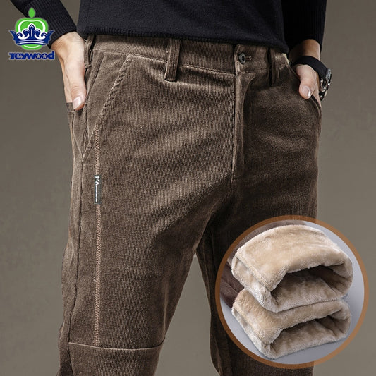 Winter Fleece Warm Corduroy Pants Men Stretch Thick Elastic Waist Fluff Pant Korean Classic Brown Trousers Male Brand Clothing