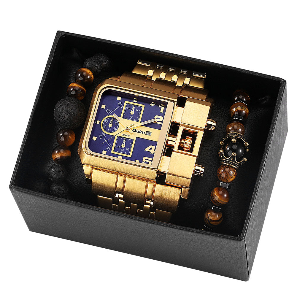 Top Brand Luxury Men Quartz Watch and Bracelet Set Business Gold Stainless Steel Big Dial Wristwatch Gift for Men Reloj Hombre