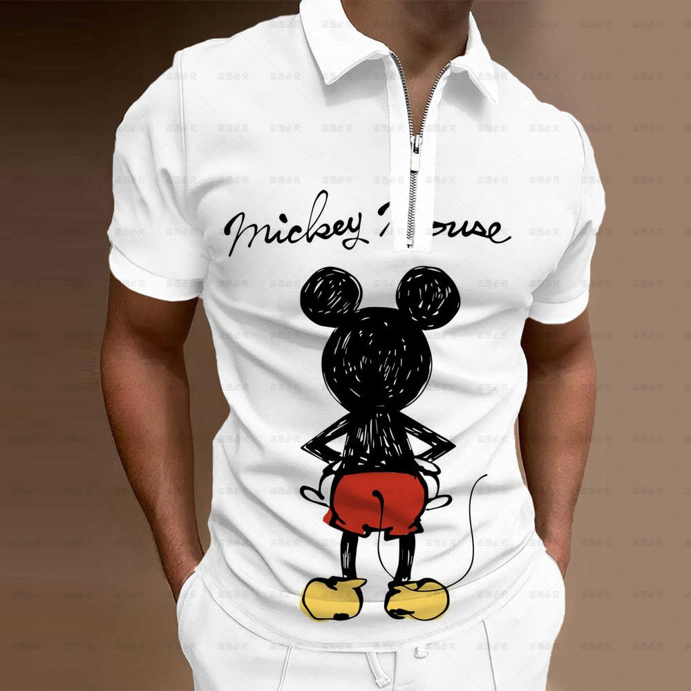 Summer Men's Clothing Polo Shirt Street Disney Mickey 3D Print Casual Short Sleeve T Shirt Men's Lapel Zip Polo Shirt