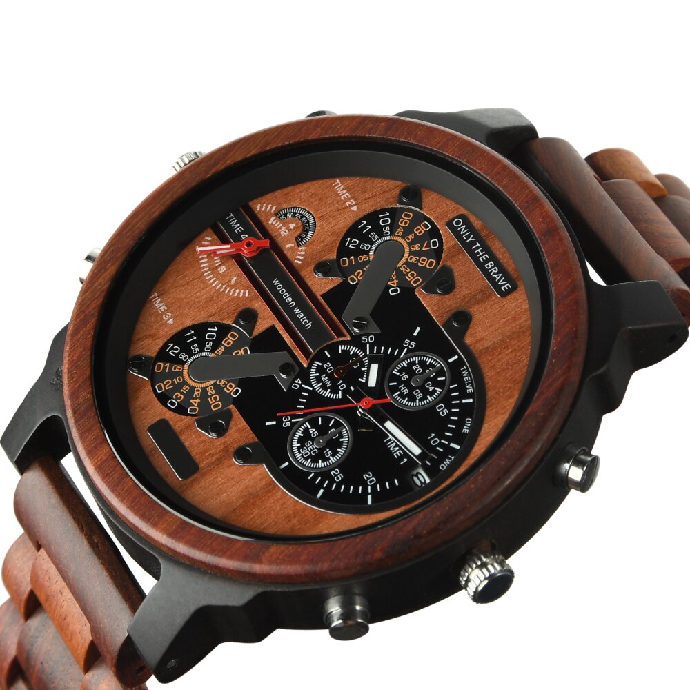 Large Wooden Watch Dial, Mens Watches, Dual Time Zone,Montre En Bois Homme,Reloj Madera,Sport Clock, Red Wood Wristwatch For Men