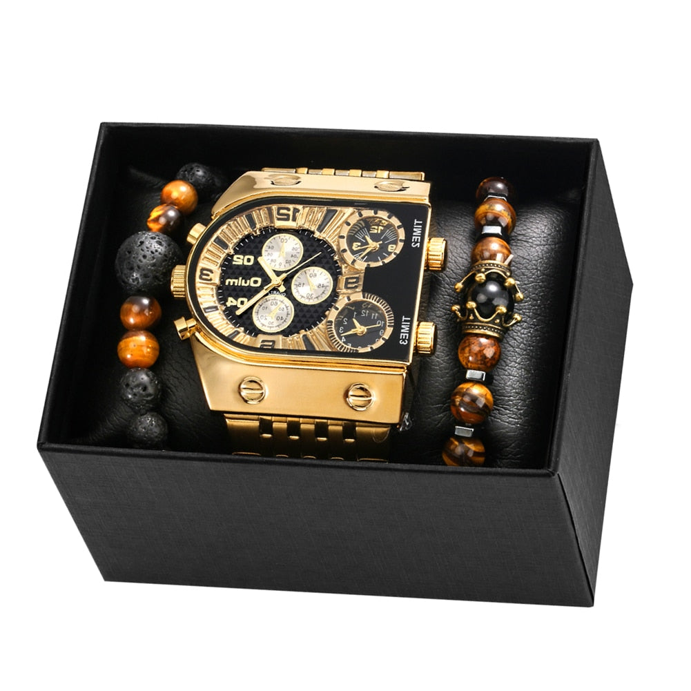 Top Brand Luxury Men Quartz Watch and Bracelet Set Business Gold Stainless Steel Big Dial Wristwatch Gift for Men Reloj Hombre