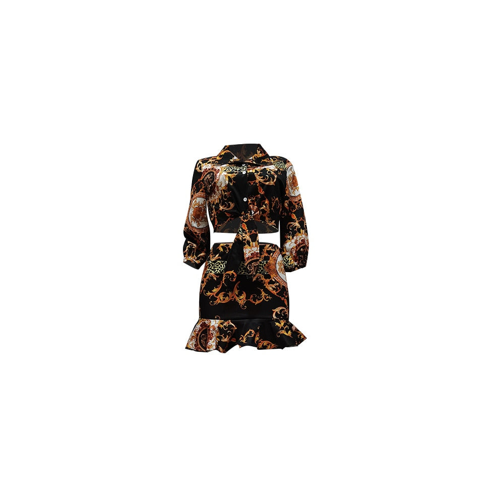 LW Sexy Two Piece Floral Leopard Print Ruffle Design Skirt Set Three Quarter Sleeve Tribal Turndown Collar Tie Front Lady Outfit