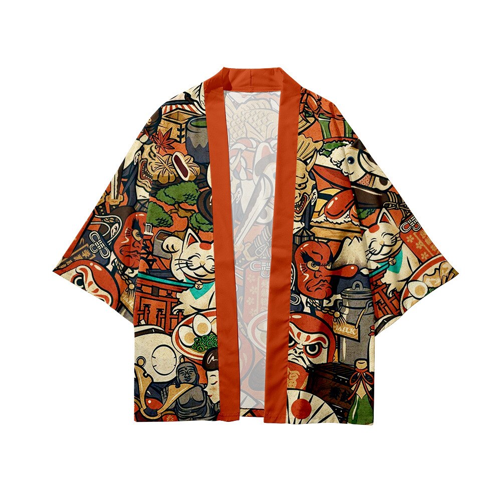 Streetwear Cardigan Demon Samurai Cat Print Shirt Clothing Traditional Haori Kimono Women Men Harajuku Japanese Beach Yukata Top