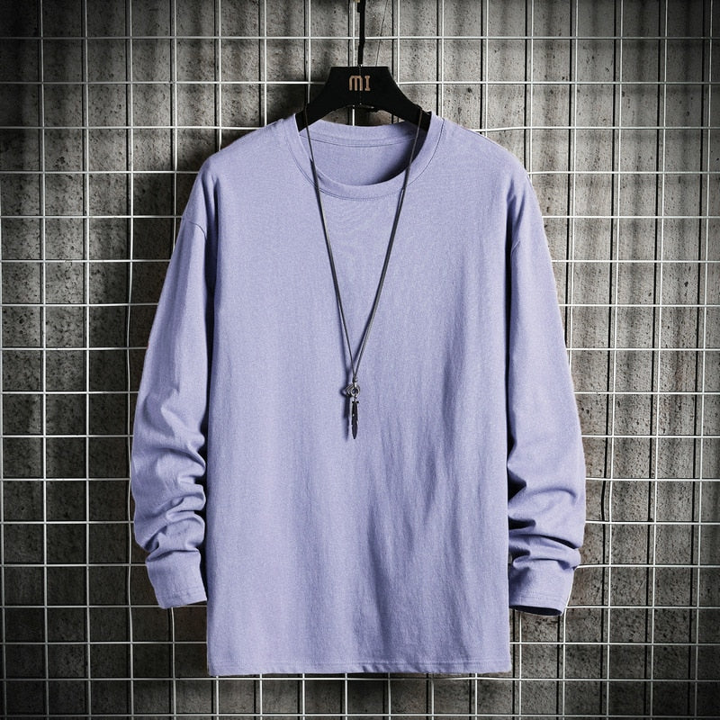 Men's Solid Color Classic Long Sleeve T-Shirt Casual Cotton Tops  Neck Pullover Tee Men Clothing