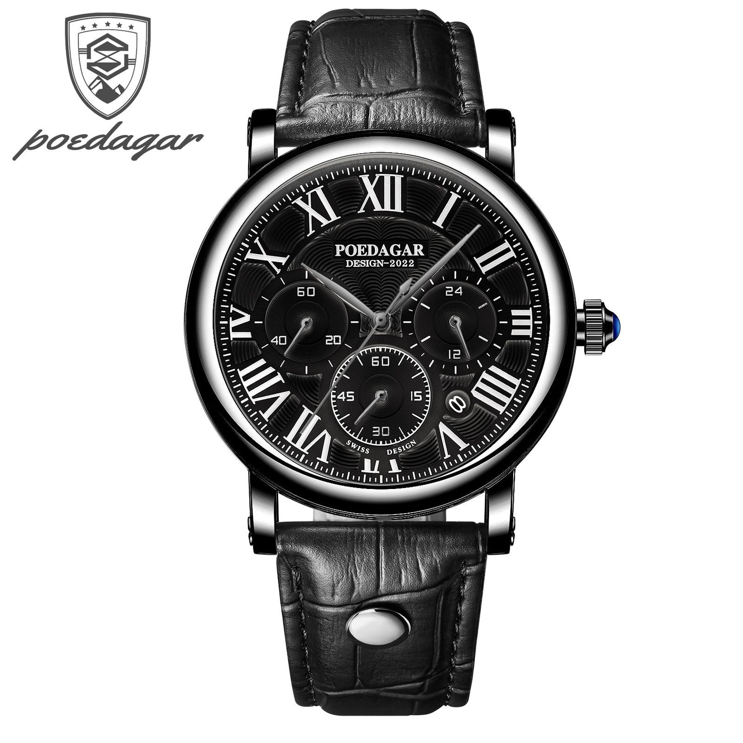 POEDAGAR Men Watch Fashion Chronograph Quartz Watches High Quality Leather Waterproof Luminous Week Date Business Man Wristwatch