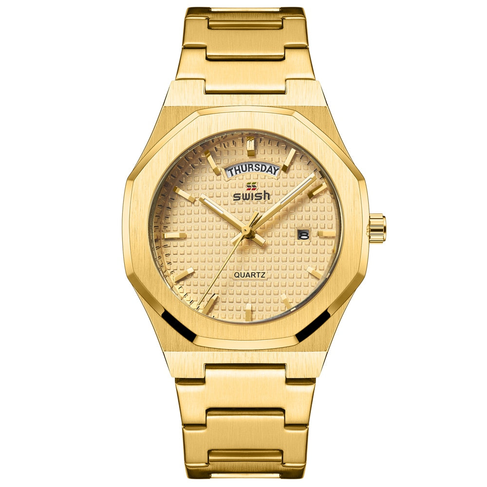 New Octagonal Design Quartz Wristwatches Men Golden Stainless Steel Dress Watch Date/Week Functions Luxury Diver's Clock Man