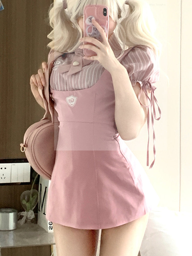 Pink Japanese Kawaii Two Piece Set Women Korean Sweet Party Mini Dress Suit Puff Sleeve Striped Blouse + Suspenders Dress 2023