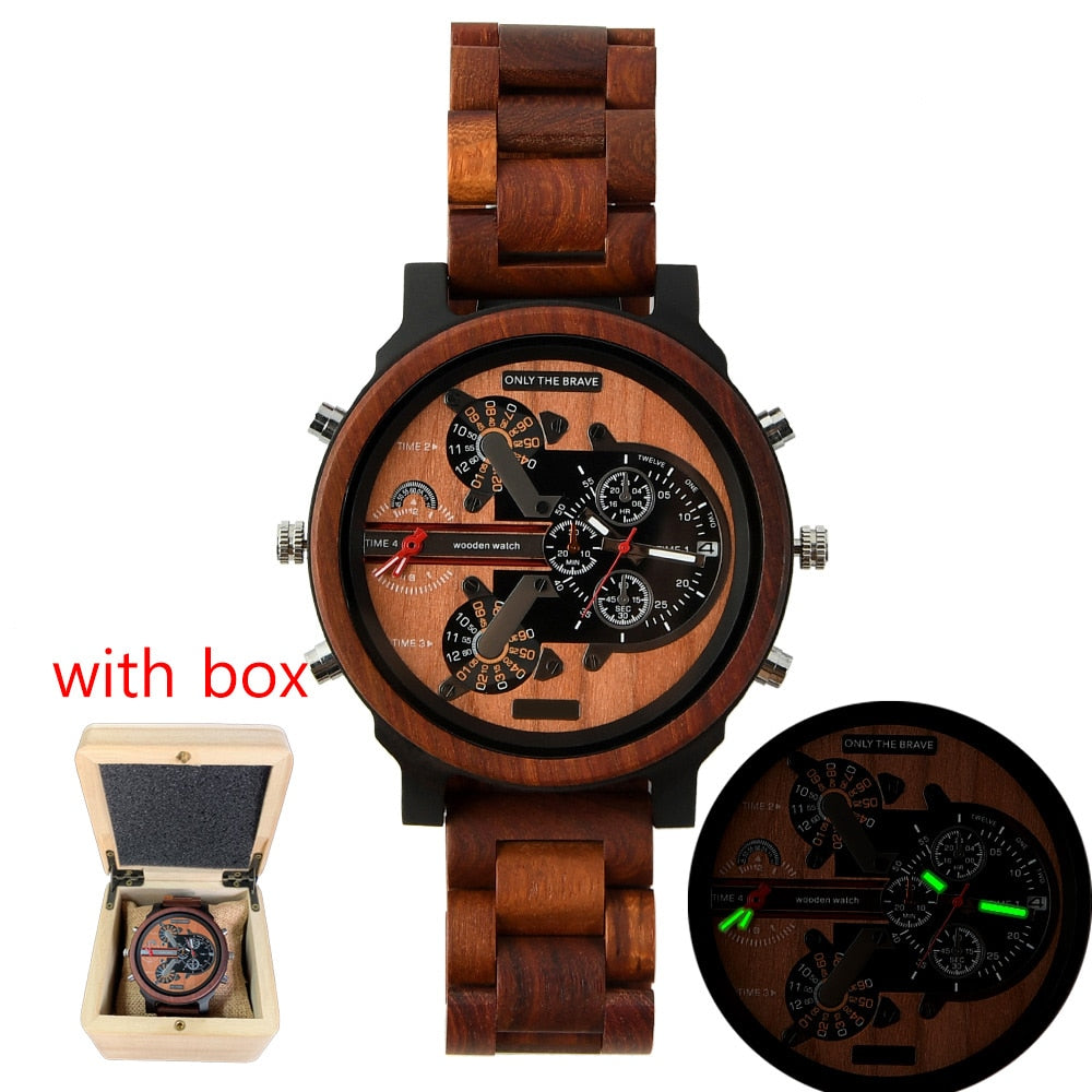 Large Wooden Watch Dial, Mens Watches, Dual Time Zone,Montre En Bois Homme,Reloj Madera,Sport Clock, Red Wood Wristwatch For Men
