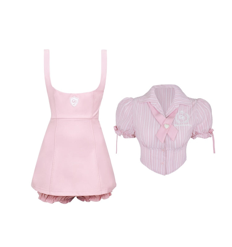 Pink Japanese Kawaii Two Piece Set Women Korean Sweet Party Mini Dress Suit Puff Sleeve Striped Blouse + Suspenders Dress 2023