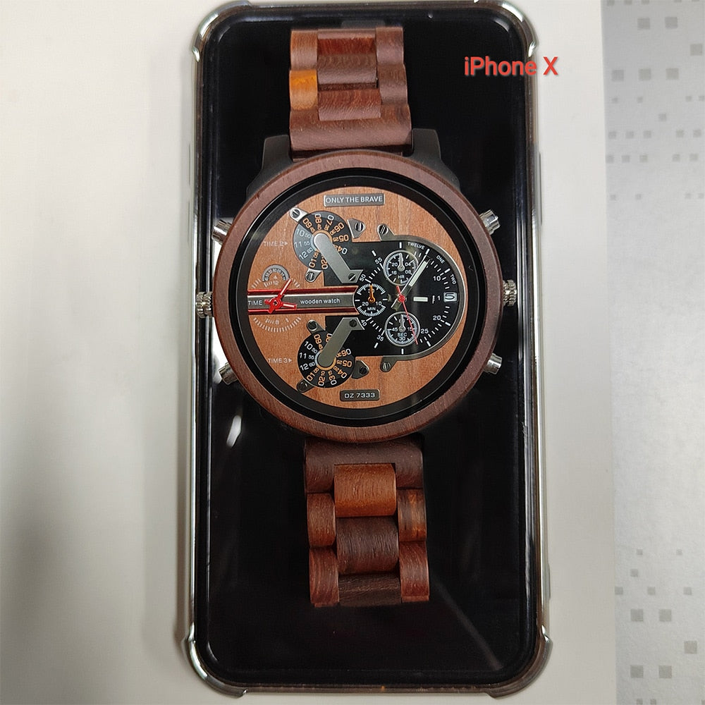 Large Wooden Watch Dial, Mens Watches, Dual Time Zone,Montre En Bois Homme,Reloj Madera,Sport Clock, Red Wood Wristwatch For Men