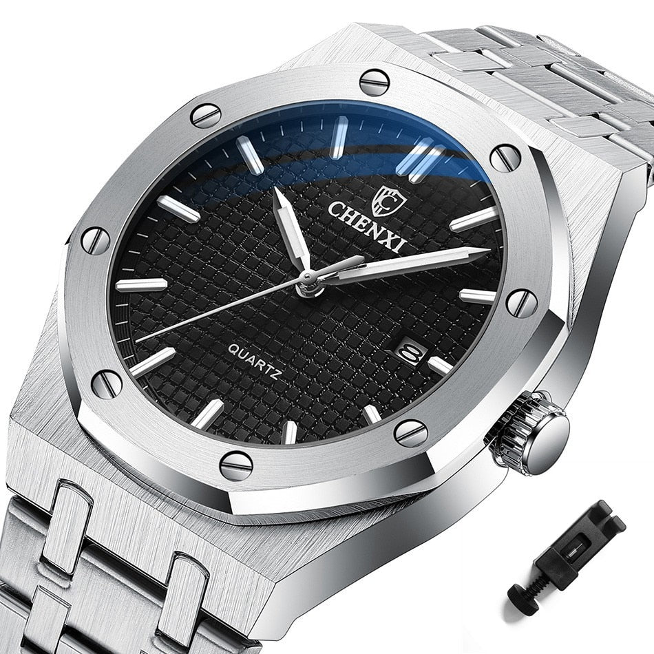 Royal Fashion Casual Men Watches Big Dial Silver Stainless Steel Calendar Quartz Wristwatch Classic Top Brand CHENXI Male Clock