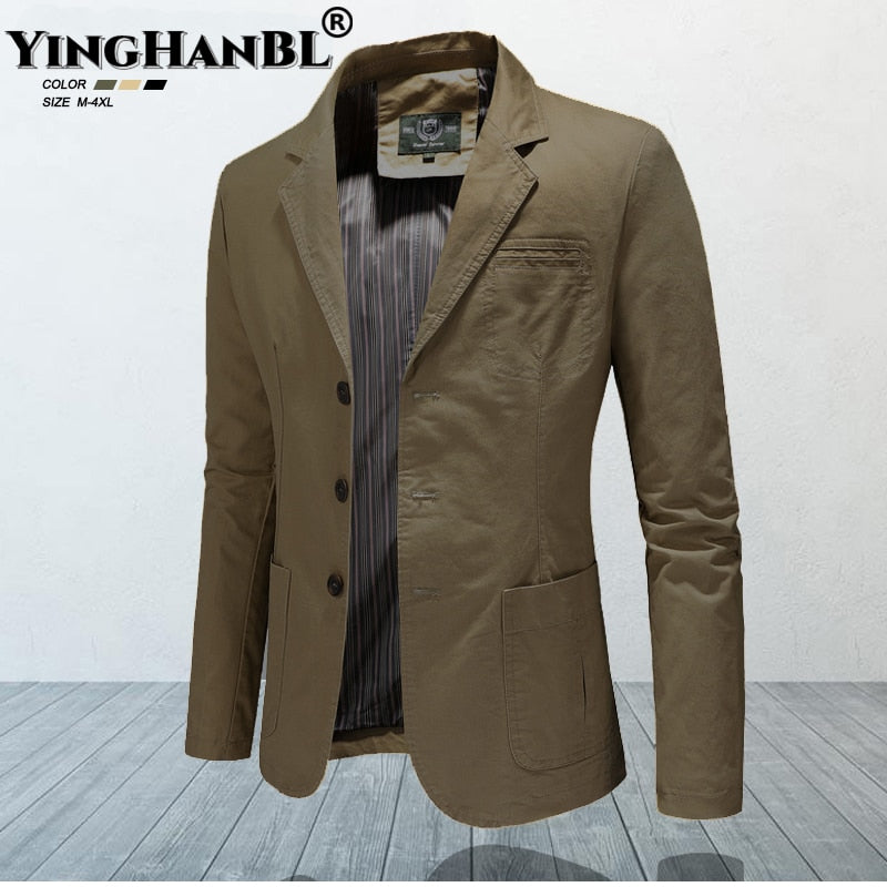 New Men's Suit Jacket Blazers Male Spring Autumn Pure Cotton Solid Casual Stylish Man Vintage Clothing Outerwear Coat Streetwear