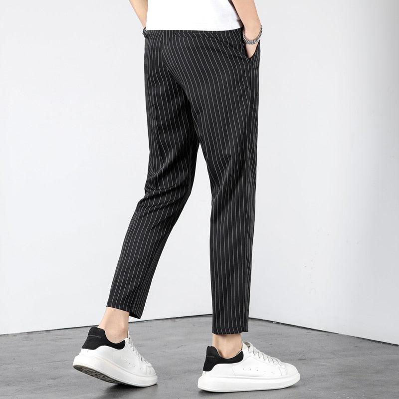 Summer Business Stripe Suit Pants Men Thin Formal Slim Fit Classic Work Ankle Length Straight Blue Trousers Brand Clothing 38