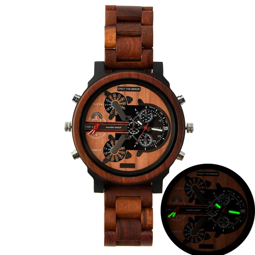 Large Wooden Watch Dial, Mens Watches, Dual Time Zone,Montre En Bois Homme,Reloj Madera,Sport Clock, Red Wood Wristwatch For Men