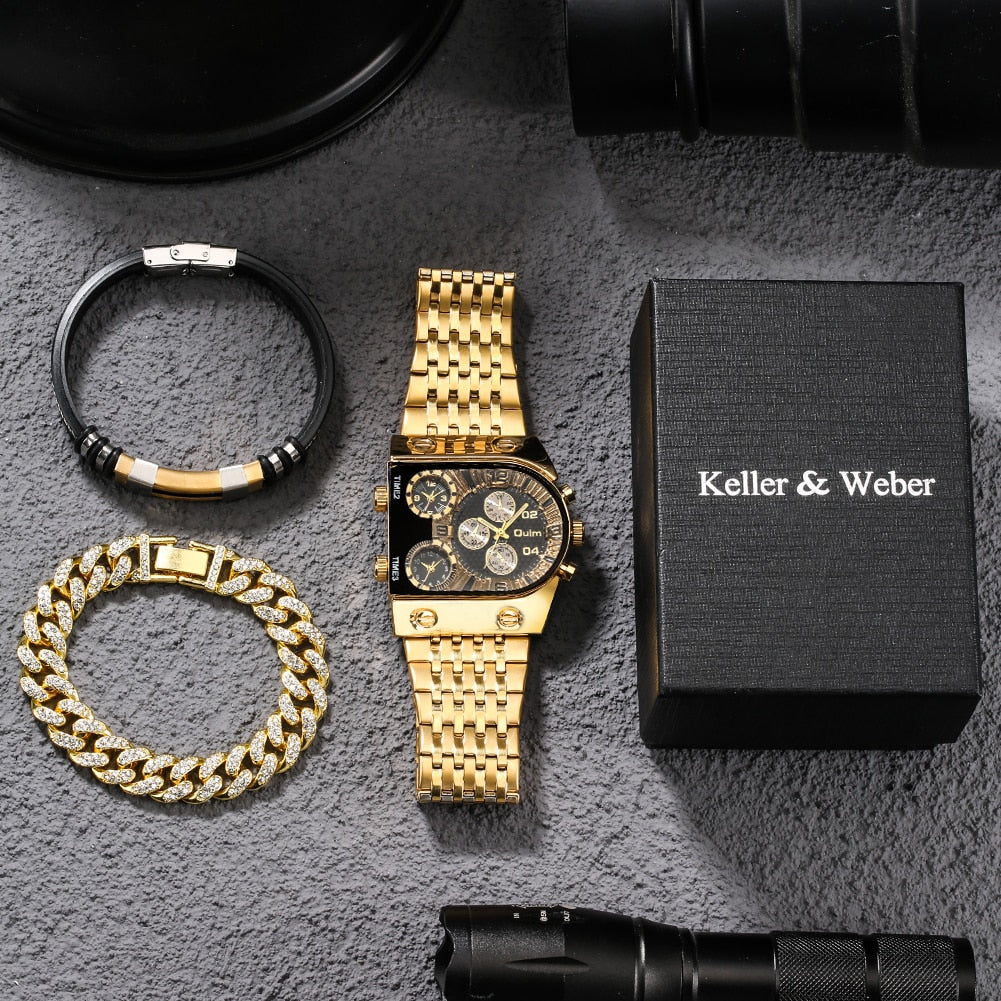 Top Brand Luxury Men Quartz Watch and Bracelet Set Business Gold Stainless Steel Big Dial Wristwatch Gift for Men Reloj Hombre