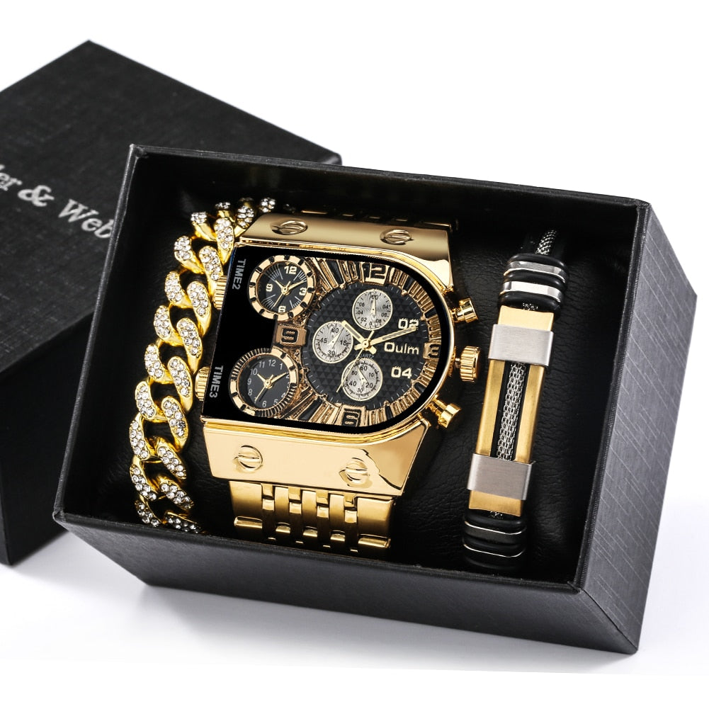 Top Brand Luxury Men Quartz Watch and Bracelet Set Business Gold Stainless Steel Big Dial Wristwatch Gift for Men Reloj Hombre