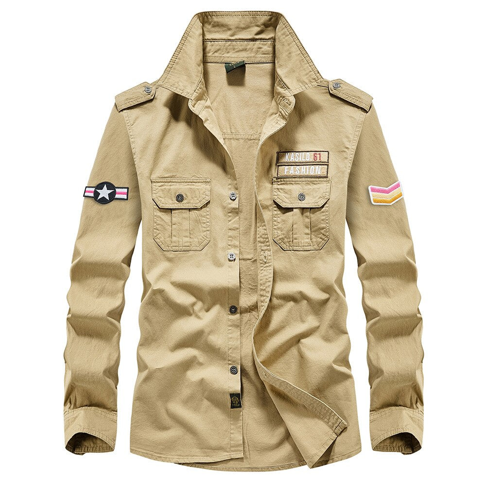 Military Shirt Men's Shirts Casual Style Clothing Cotton Long Sleeve Retro Vintage 6XL Embroidery Plus Size White Drop Shipping