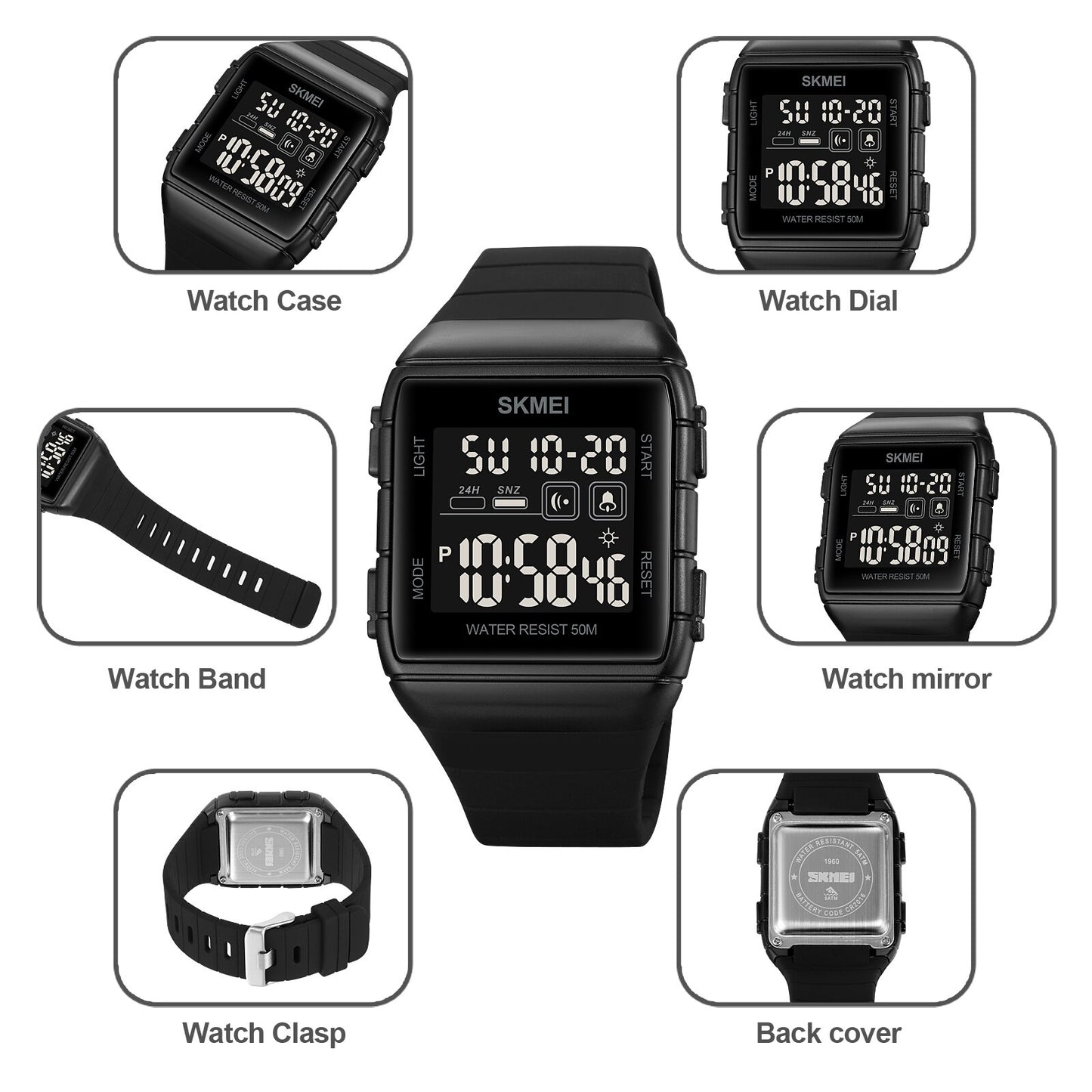 SKMEI Electronic Movement Sport Watch For Men Dual Time EL Light Display Digital Watch 50M Waterproof Clock Relogio masculino