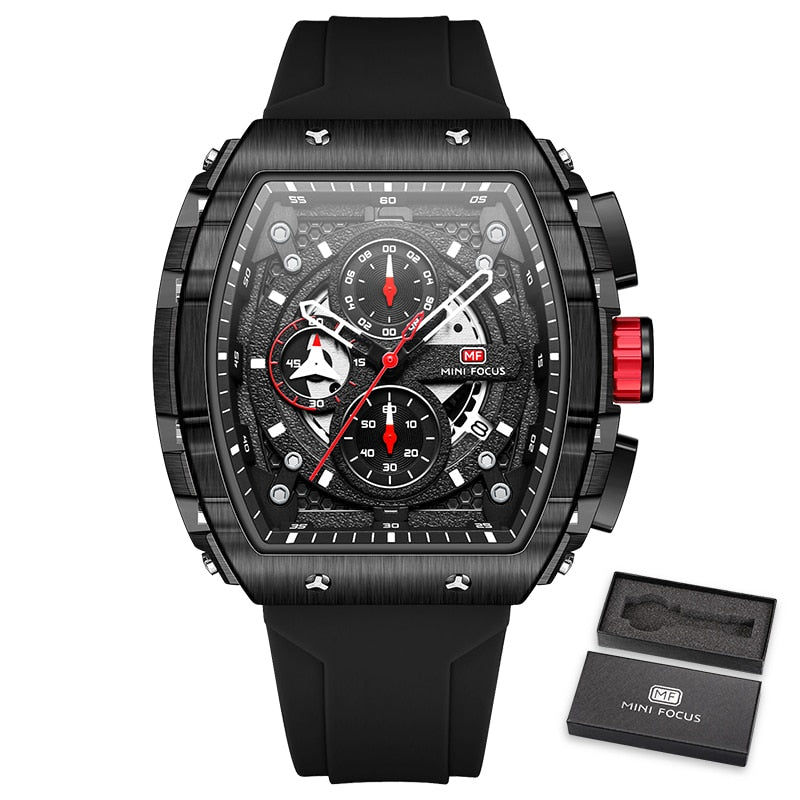 MINI FOCUS Chronograph Quartz Watch for Men Tonneau Dial Military Sport Wristwatch with Orange Silicone Strap Auto Date 0399