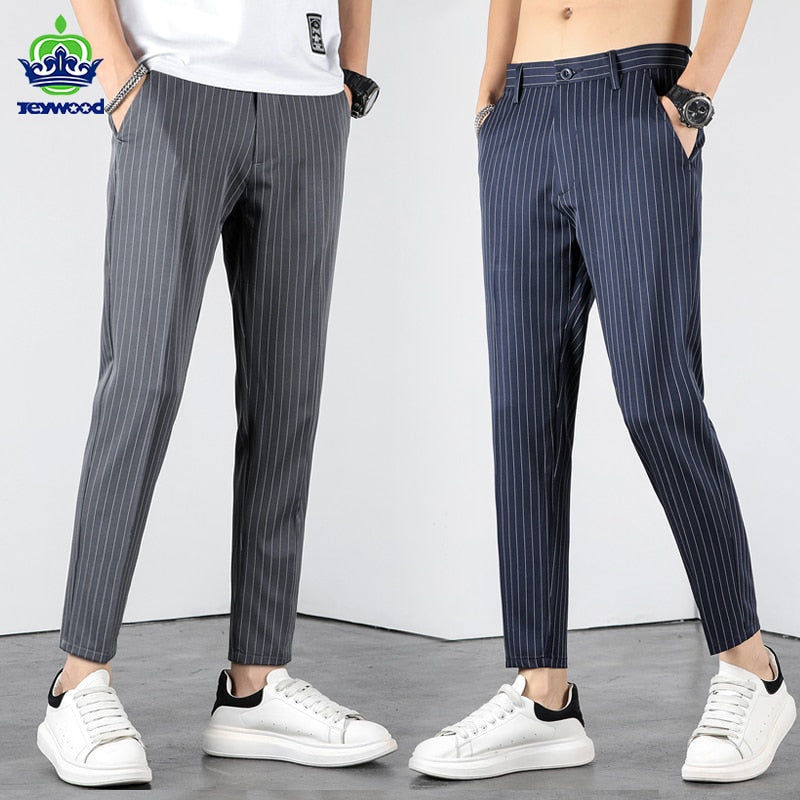 Summer Business Stripe Suit Pants Men Thin Formal Slim Fit Classic Work Ankle Length Straight Blue Trousers Brand Clothing 38