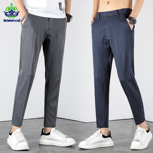 Summer Business Stripe Suit Pants Men Thin Formal Slim Fit Classic Work Ankle Length Straight Blue Trousers Brand Clothing 38