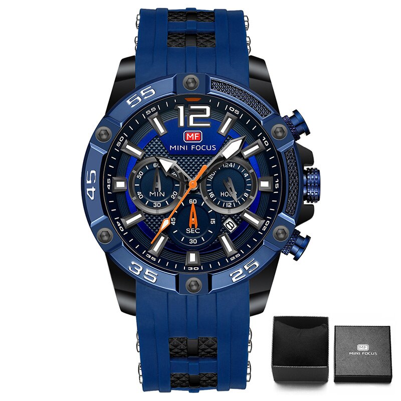 MINI FOCUS Orange Watch for Men Military Sport Chronograph Quartz Wristwatch with Silicone Strap Waterproof Luminous Hands 0349
