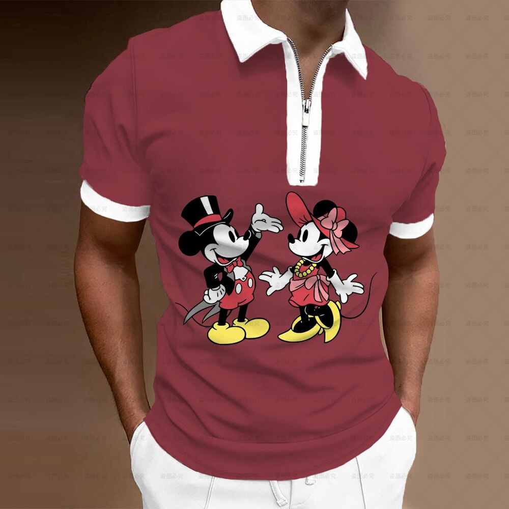 Summer Men's Clothing Polo Shirt Street Disney Mickey 3D Print Casual Short Sleeve T Shirt Men's Lapel Zip Polo Shirt