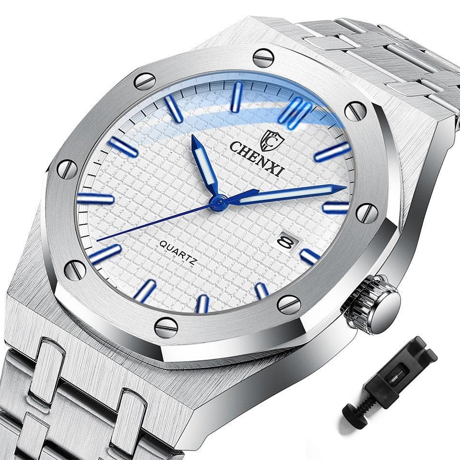 Royal Fashion Casual Men Watches Big Dial Silver Stainless Steel Calendar Quartz Wristwatch Classic Top Brand CHENXI Male Clock