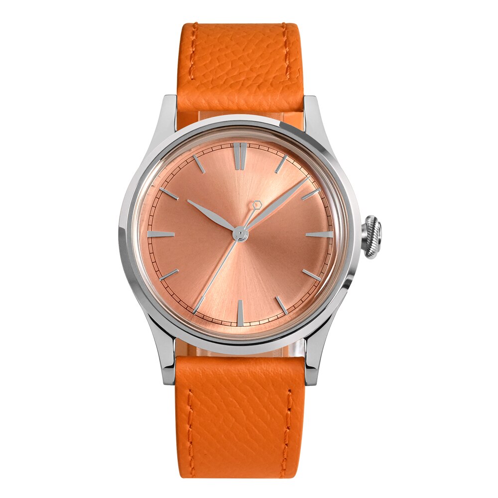 San Martin Mens Dress Watch 38mm Sunray Salmon Dial Ronda 715/6004 Quartz Movement Vintage Simple Watches 5 Bar Leather Strap