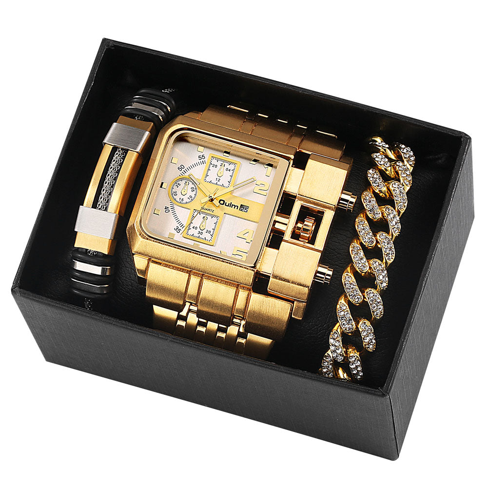 Top Brand Luxury Men Quartz Watch and Bracelet Set Business Gold Stainless Steel Big Dial Wristwatch Gift for Men Reloj Hombre