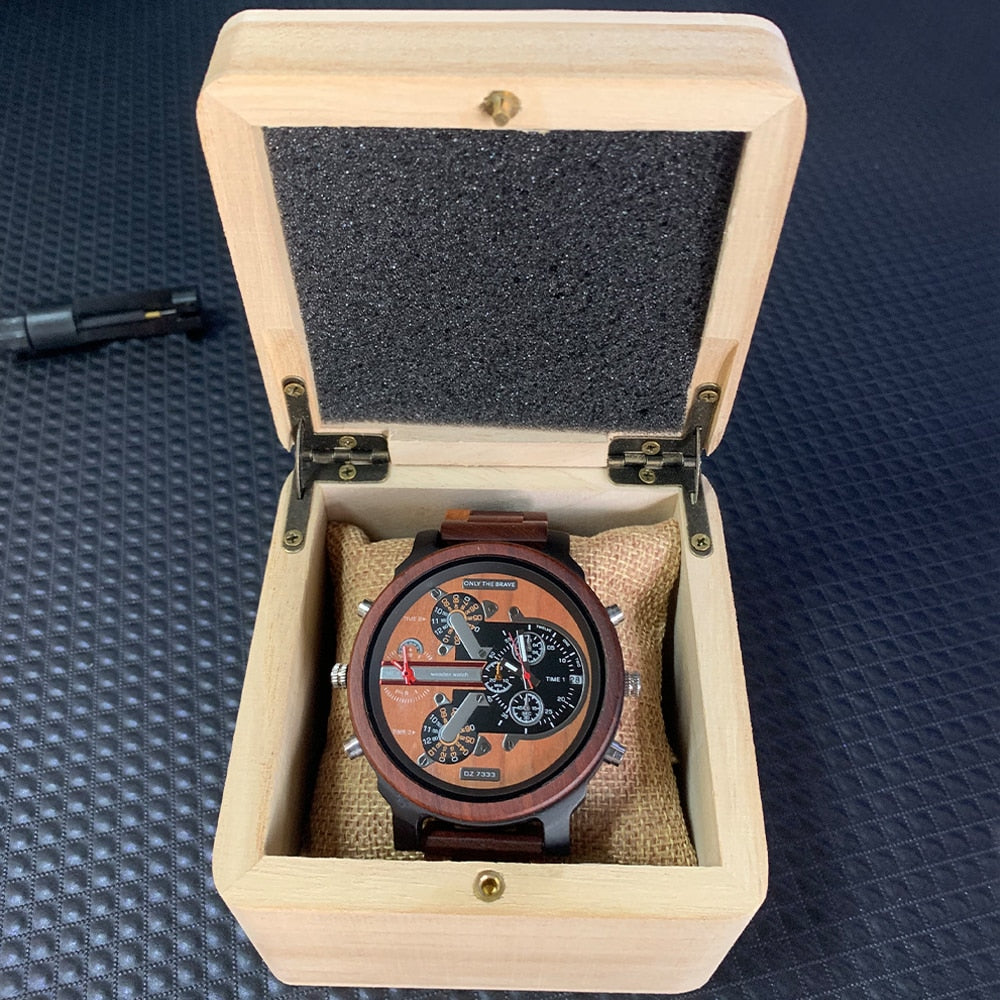 Large Wooden Watch Dial, Mens Watches, Dual Time Zone,Montre En Bois Homme,Reloj Madera,Sport Clock, Red Wood Wristwatch For Men